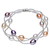 Bracelets de perles en verre  , perle d'eau douce cultivée, avec perles de rocaille en verre, laiton fermoir magnétique, riz, naturel, 3 brins, multicolore, 6-7mm Environ 7 pouce, Vendu par brin