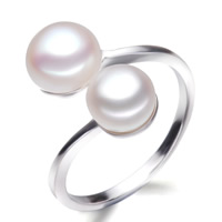 Культивированный пресноводные жемчужные палец кольцо, Пресноводные жемчуги, с Латунь, В форме кнопки, натуральный, белый, 5.5-8.5mm, размер:7, продается PC