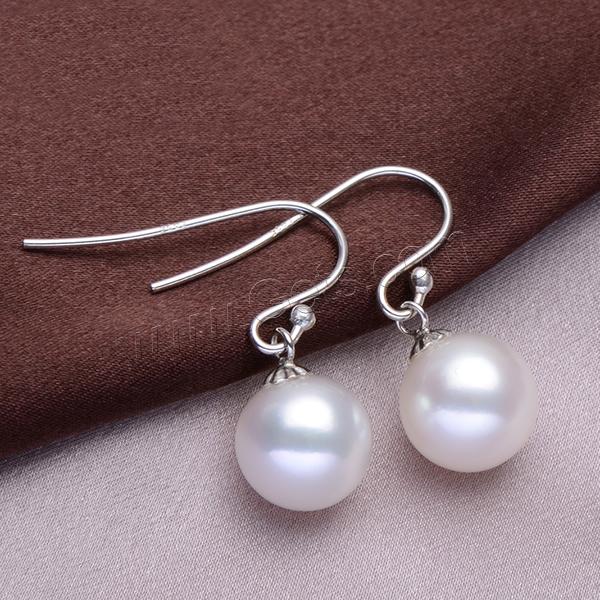 Freshwater Pearl Drop Earring, with Brass, Round, natural, different size for choice, white, Sold By Pair