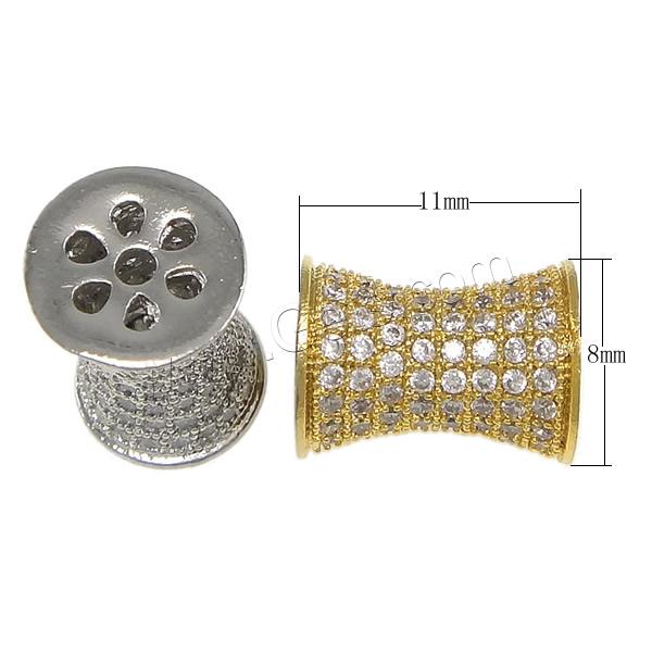 Cubic Zirconia Micro Pave Brass Beads, Barbell, plated, micro pave cubic zirconia & hollow, more colors for choice, 11x8mm, Hole:Approx 1mm, Sold By PC