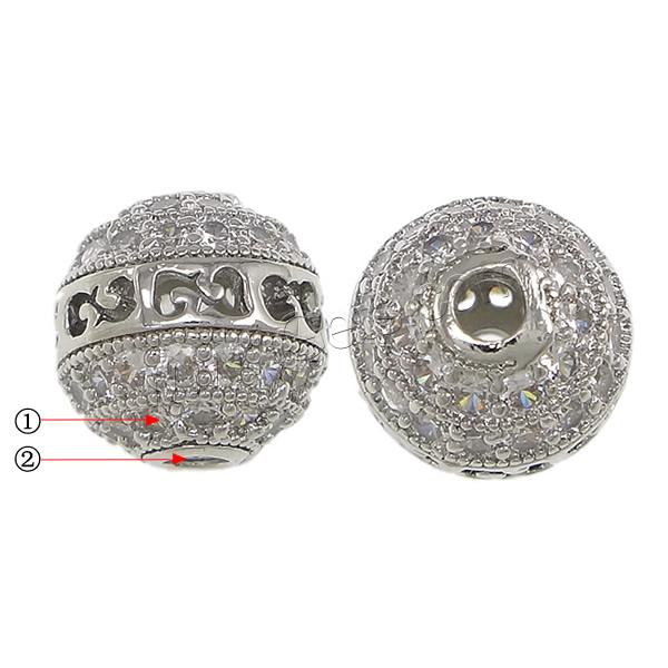 Cubic Zirconia Micro Pave Brass Beads, Round, plated, micro pave cubic zirconia & hollow, more colors for choice, 10x10mm, Hole:Approx 2mm, Sold By PC