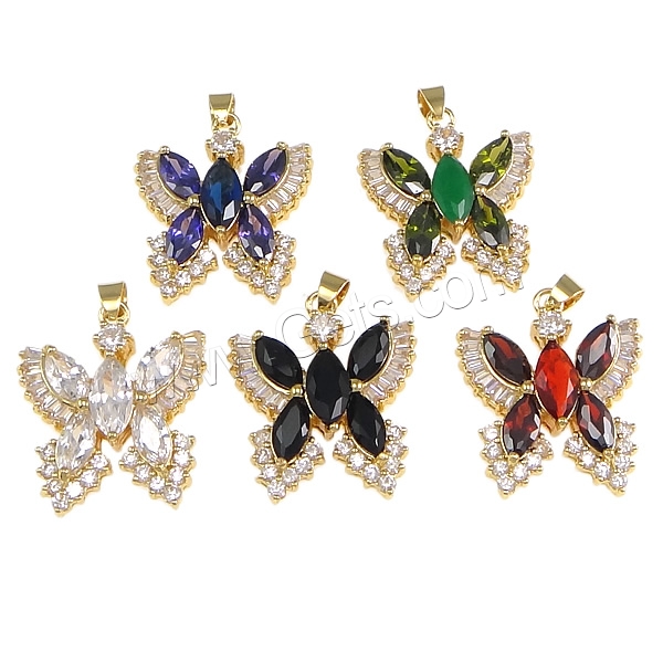 Cubic Zirconia Brass Pendants, with Crystal, Butterfly, plated, with cubic zirconia & faceted, more colors for choice, nickel, lead & cadmium free, 27x31x8mm, Hole:Approx 4x5mm, Sold By PC