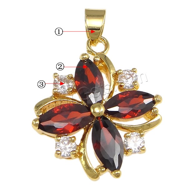 Cubic Zirconia Brass Pendants, with Crystal, Flower, plated, with cubic zirconia & faceted, more colors for choice, nickel, lead & cadmium free, 22x26x6mm, Hole:Approx 4x5mm, Sold By PC
