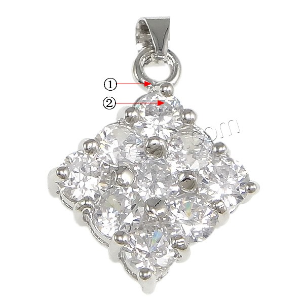 Cubic Zirconia Brass Pendants, Rhombus, plated, with cubic zirconia, more colors for choice, nickel, lead & cadmium free, 17x21.5x5.5mm, Hole:Approx 4x5mm, Sold By PC