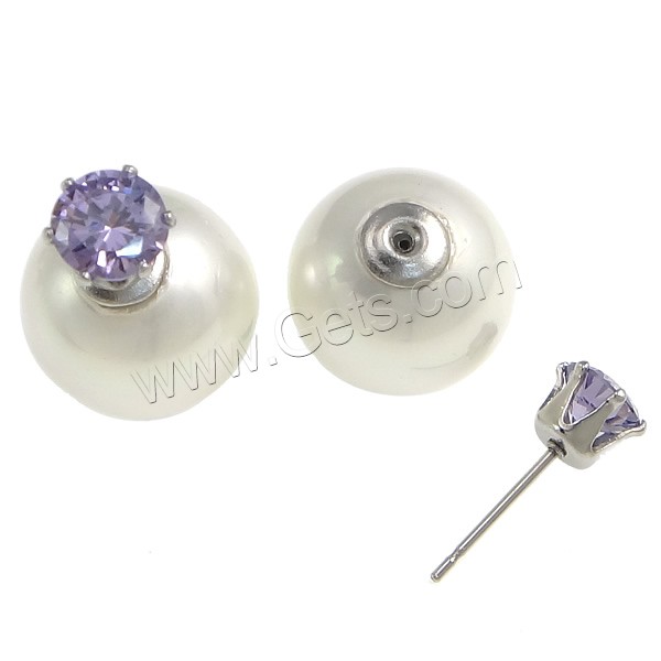 Double Faced Stud Earring, South Sea Shell, stainless steel post pin, Round, with cubic zirconia, more colors for choice, 6mm, 14mm, Sold By Pair