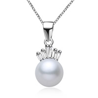 Cultured Freshwater Pearl Brass Pendant, with Brass, Crown, natural, with cubic zirconia, white, 8-9mm Approx 1-3mm 