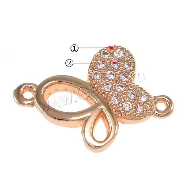 Cubic Zirconia Micro Pave Brass Connector, Butterfly, plated, micro pave cubic zirconia & 1/1 loop, more colors for choice, nickel, lead & cadmium free, 16x10x2mm, Hole:Approx 1mm, Sold By PC