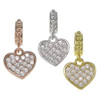 Brass European Pendants, Heart, plated, micro pave cubic zirconia & without troll nickel, lead & cadmium free, 17mm Approx 5mm 