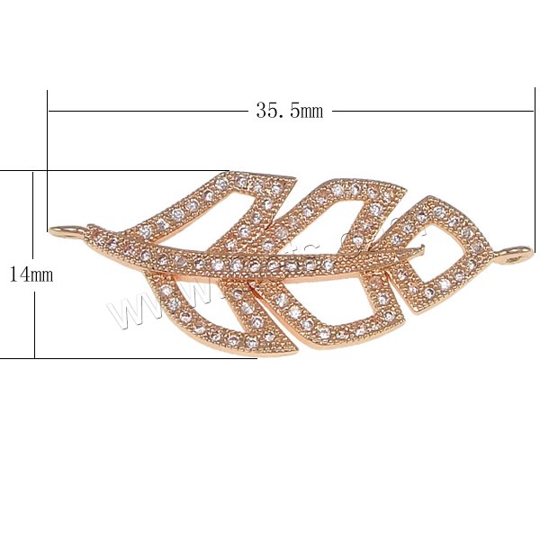 Cubic Zirconia Micro Pave Brass Connector, Leaf, plated, micro pave cubic zirconia & 1/1 loop, more colors for choice, 35.5x14x2mm, Hole:Approx 1mm, Sold By PC