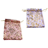 Organza Jewelry Pouches Bags, with Nylon Cord, Rectangle, with flower pattern & gold accent 