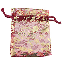 Organza Jewelry Pouches Bags, with Satin Ribbon, Rectangle, with flower pattern & gold accent, deep red 