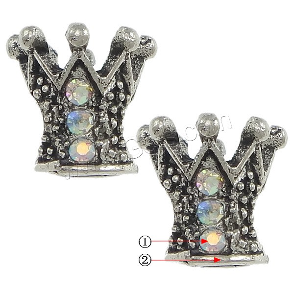 Rhinestone Zinc Alloy European Beads, Crown, plated, without troll & with rhinestone, more colors for choice, nickel, lead & cadmium free, 10x10x10mm, Hole:Approx 4mm, Sold By PC