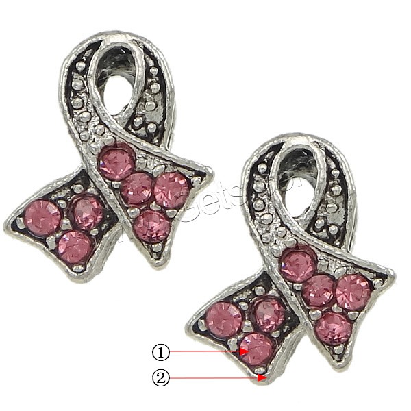 Rhinestone Zinc Alloy European Beads, Awareness Ribbon, plated, without troll & with rhinestone, more colors for choice, nickel, lead & cadmium free, 11x13x7mm, Hole:Approx 5mm, Sold By PC