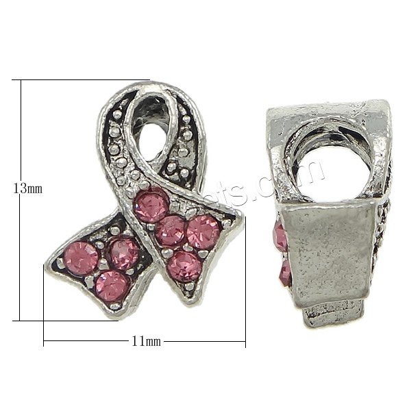 Rhinestone Zinc Alloy European Beads, Awareness Ribbon, plated, without troll & with rhinestone, more colors for choice, nickel, lead & cadmium free, 11x13x7mm, Hole:Approx 5mm, Sold By PC