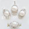 Conjuntos de joya de perla de agua dulce de plata , plata de ley 925, colgante & anillo de dedo & pendiente, con perla, con circonia cúbica, Blanco, 12x19mm;17x14mm;14x29mm, tamaño:8, Vendido por Set