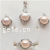 Sterling Silver Freshwater Pearl Jewelry Sets, 925 Sterling Silver, pendant & finger ring & earring, with pearl, plated, with cubic zirconia 11mm, US Ring 