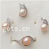 Sterling Silver Freshwater Pearl Jewelry Sets, 925 Sterling Silver, pendant & finger ring & earring, with pearl, plated, with cubic zirconia 9mm Approx 2mm, US Ring .5 