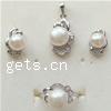Sterling Silver Freshwater Pearl Jewelry Sets, 925 Sterling Silver, pendant & finger ring & earring, with pearl, plated, with cubic zirconia US Ring 