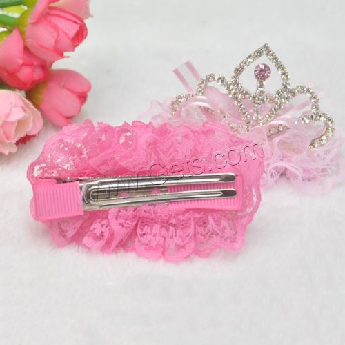 Lace Alligator Hair Clip, with Grosgrain Ribbon & Stainless Steel & Zinc Alloy, Crown, platinum color plated, for children & with rhinestone, mixed colors 