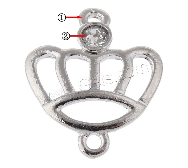 Rhinestone Zinc Alloy Connector, Crown, plated, with rhinestone & 1/1 loop, more colors for choice, nickel, lead & cadmium free, 19x23x3mm, Hole:Approx 1.5mm, Sold By PC