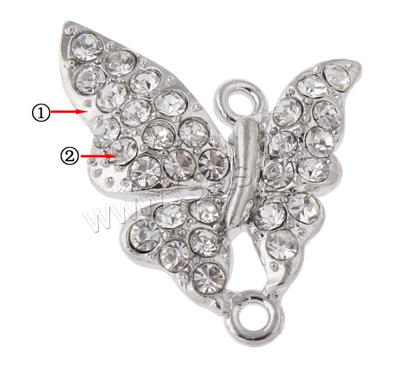 Animal Zinc Alloy Connector, Butterfly, plated, with rhinestone & 1/1 loop, more colors for choice, nickel, lead & cadmium free, 22x26x4mm, Hole:Approx 2mm, Sold By PC