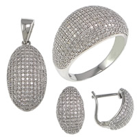 Cubic Zirconia Micro Pave Sterling Sliver Jewelry Sets, 925 Sterling Silver, pendant & finger ring & earring, Flat Oval, plated, micro pave cubic zirconia & hollow 12mm Approx US Ring 
