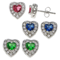 Sterling Silver Cubic Zirconia Earring, 925 Sterling Silver, Heart, platinum plated, with cubic zirconia & faceted 