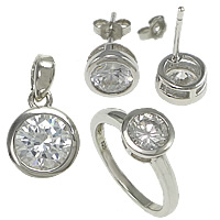 Sterling Silver Cubic Zircon Jewelry Sets, 925 Sterling Silver, pendant & finger ring & earring, Flat Round, plated, with cubic zirconia & faceted 8mm, 8mm Approx US Ring 