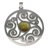 Stainless Steel Hollow Pendant, 304 Stainless Steel, with Tiger Eye, Flat Round, original color Approx 