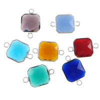 Glass Connector, Brass, with Glass, Square, silver color plated, faceted & 1/1 loop Approx 2mm 