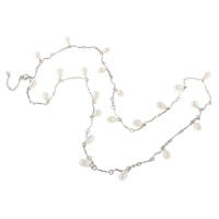 Пресноводные перлы ожерелье цепи свитера, Пресноводные жемчуги, с Латунь, с 4cm наполнитель цепи, Рисообразная, натуральный, белый, 6-7mm, длина:Приблизительно 25.5 дюймовый, продается Strand