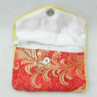 Silk Jewelry Pouches, with Brass, Rectangle, plated, with flower pattern, mixed colors 