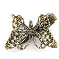 Alligator Hair Clip Findings, Iron, with brass setting, Butterfly, plated, hollow nickel, lead & cadmium free 