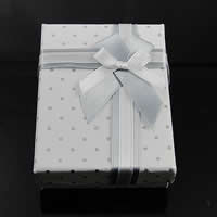 Cardboard Ring Box, with Satin Ribbon, Rectangle, with round spot pattern & with ribbon bowknot decoration, white [