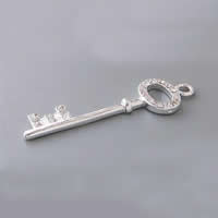 Colgantes de llave de latón, metal, chapado en color de platina, con diamantes de imitación, 44x14x3mm, agujero:aproximado 3mm, Vendido por UD