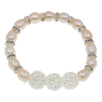 Bracelets perles en strass, perle d'eau douce cultivée, avec entretoise laiton strass & résine, riz, naturel, avec strass, violet, 7-8mm, 12mm Environ 5.5 pouce, Vendu par brin