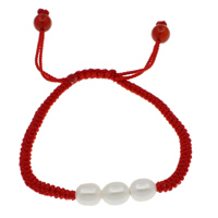 Freshwater Pearl Woven Ball Bracelets, with Nylon Cord & Red Agate, Rice, natural, white, 7-8mm, 8mm Approx 6 Inch 
