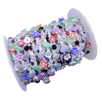 Polymer Ton Perlen Kette, mit Edelstein & Messing, Blume, Platinfarbe platiniert, mit Strass, farbenfroh, frei von Nickel, Blei & Kadmium, 15x10mm, 12x10mm, verkauft von Yard