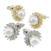 Brass Stud Earring, with Glass Pearl, Flower, plated, with cubic zirconia 11mm, 18mm, 0.7mm 