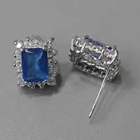 Cubic Zircon (CZ) Stud Earring, Brass, Rectangle, platinum color plated, with cubic zirconia & faceted 