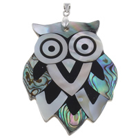 Brass Shell Pendants, Freshwater Shell, with brass bail & Black Shell & Abalone Shell & Resin, Owl, platinum color plated Approx 