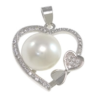 Cultured Pearl Sterling Silver Pendants, 925 Sterling Silver, with Freshwater Pearl, Heart, platinum plated, micro pave cubic zirconia Approx 