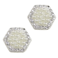 Rhinestone Clay Pave Cabochon, with Resin Pearl, Hexagon, with 18 pcs rhinestone & flat back, white 