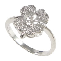 Sterling Silver Ring Mounting, 925 Sterling Silver, Four Leaf Clover, plated, micro pave cubic zirconia 1mm, US Ring 