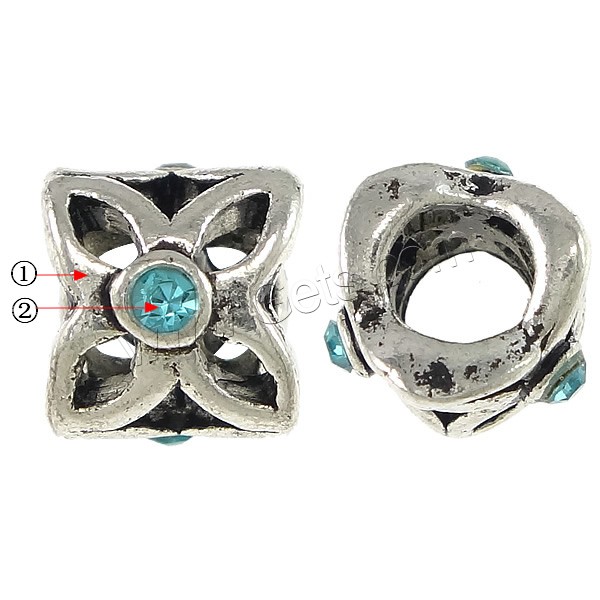 Rhinestone Zinc Alloy European Beads, Flower, plated, without troll & with rhinestone & hollow, more colors for choice, 8x9mm, Hole:Approx 5mm, Sold By PC