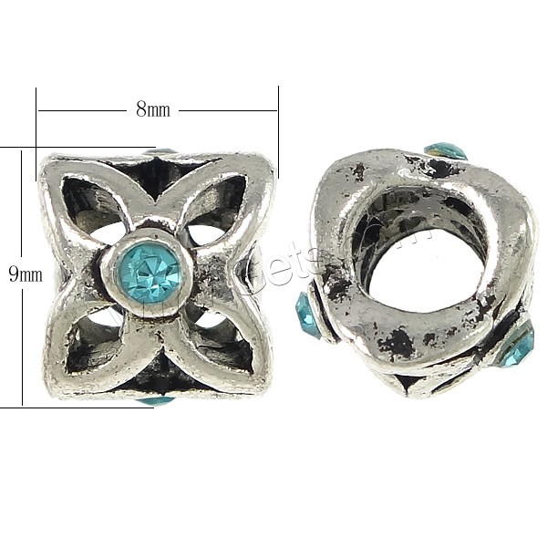Rhinestone Zinc Alloy European Beads, Flower, plated, without troll & with rhinestone & hollow, more colors for choice, 8x9mm, Hole:Approx 5mm, Sold By PC