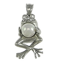 Stainless Steel Animal Pendants, with Glass Pearl, Frog, with rhinestone, original color Approx 