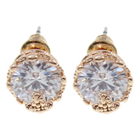 Cubic Zircon Brass Earring, Flat Round, real rose gold plated, with cubic zirconia & faceted, nickel, lead & cadmium free 