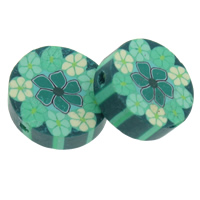 Perles bijoux Fimo , argile de polymère, Plat rond, fait à la main, avec le motif de fleurs, vert Environ 1.5mm Vendu par sac