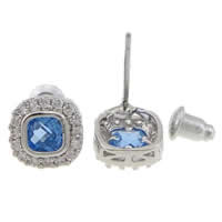 Cubic Zircon Brass Earring, Square, platinum color plated, with cubic zirconia, 9mm, 15mm, 0.7mm 